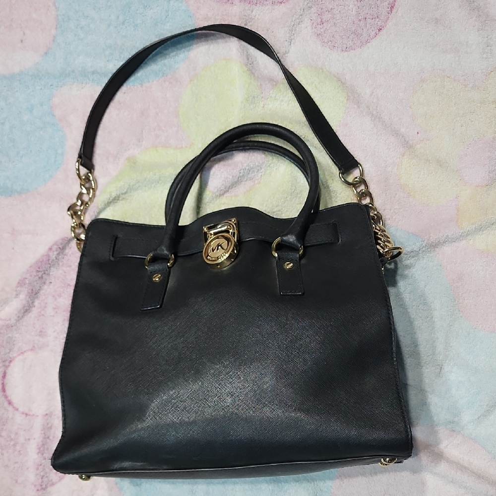 Michael Kors Black Leather Satchel with Gold Accent Lock